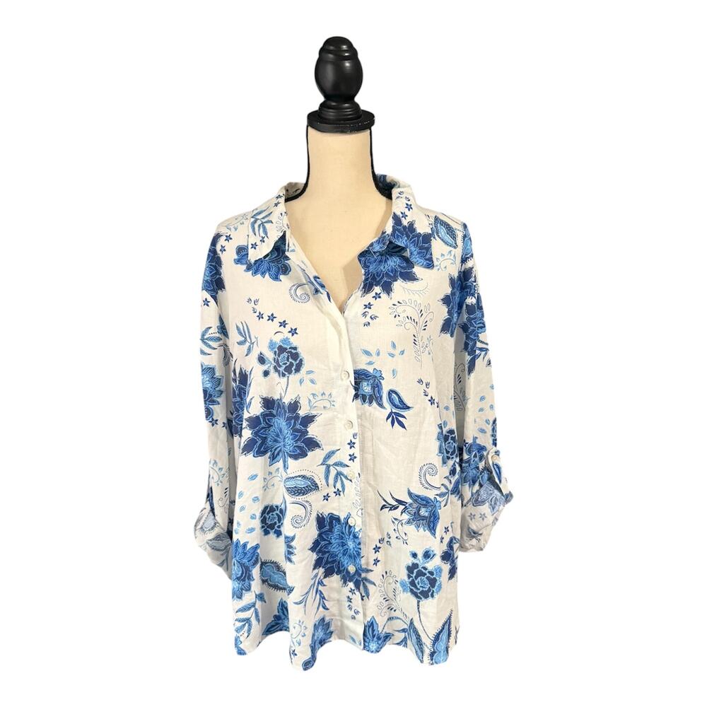 Heroes & Dreamers Women's Blue White Floral Linen Blend Top Sz 3X Beachy Casual